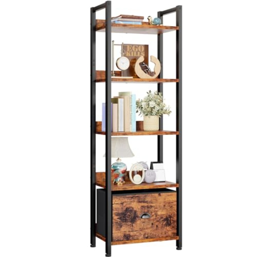 Bookcase Wood Shelf - 5 Tier Bookshelf with Drawer, Tall