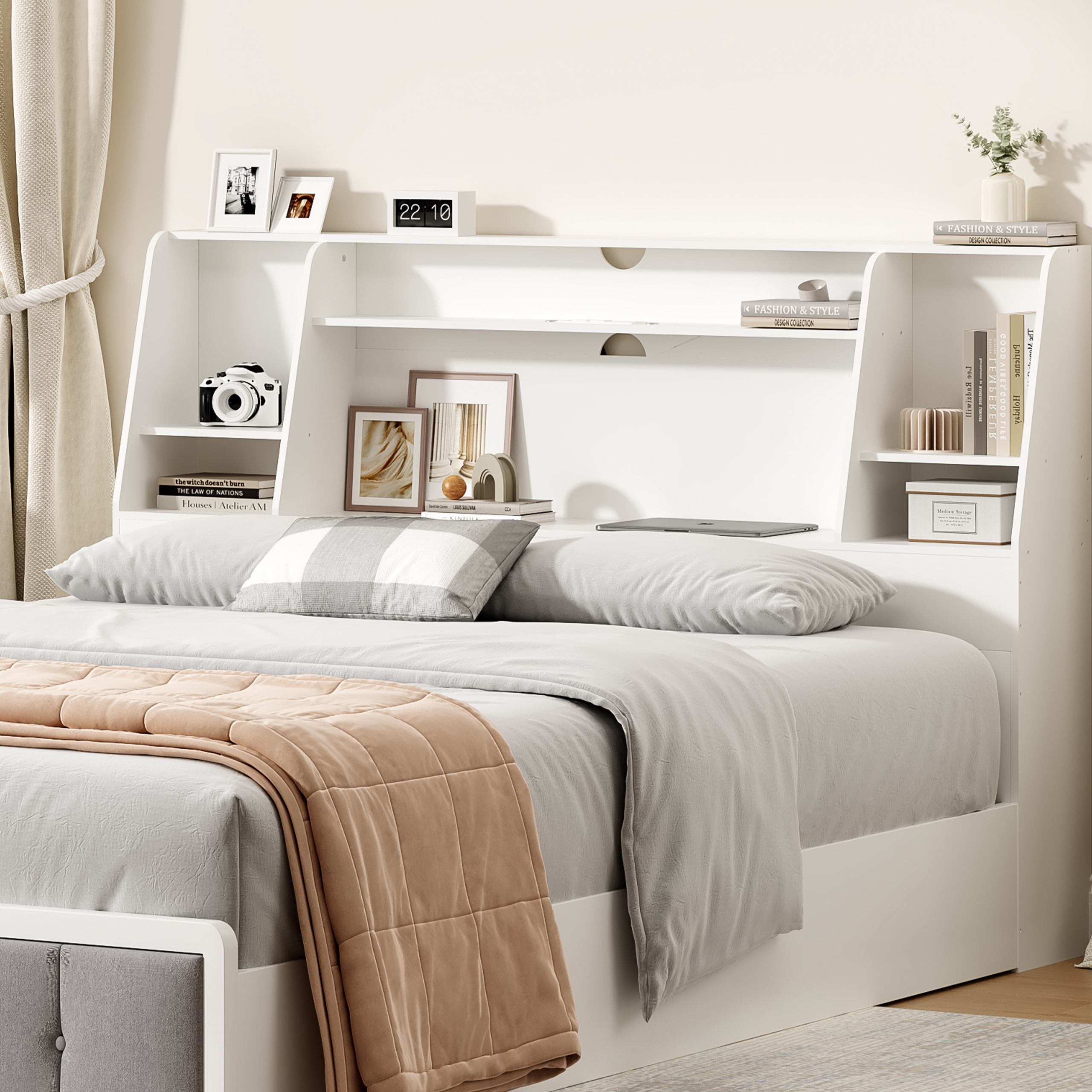 Bookcase Wood Shelf - Bookcase Headboard with LED Lights &