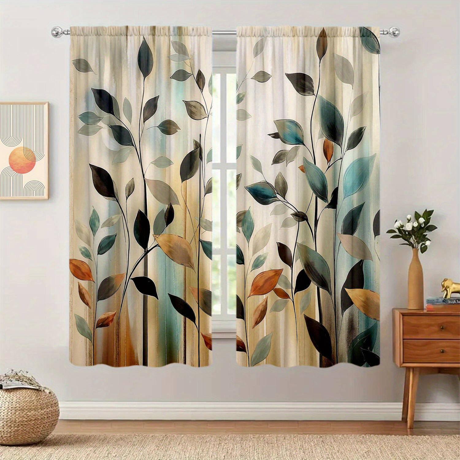 Home Office Room Inspiration - 2 Panels Abstract Leaf Print Curtains,