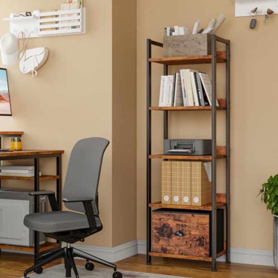 5 Tier Bookshelf with Drawer,  - Bookcase Wood Shelf avaliação e preço