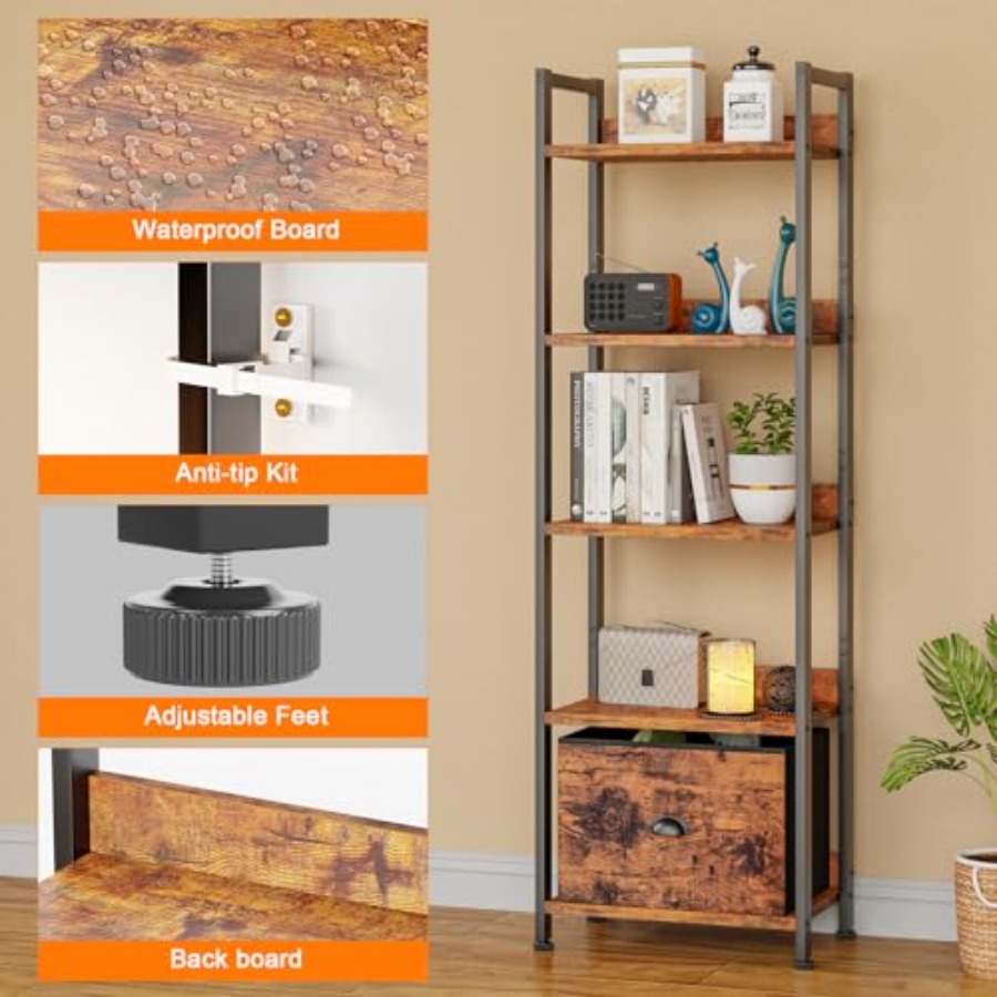 5 Tier Bookshelf with Drawer,  - Bookcase Wood Shelf avaliação e preço