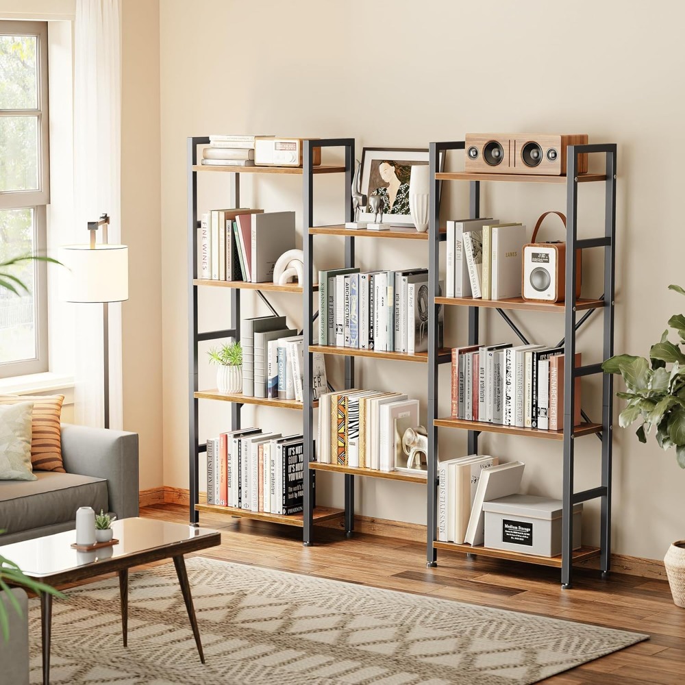Triple Bookshelf with 11 Open  - Bookcase Wood Shelf avaliação e preço