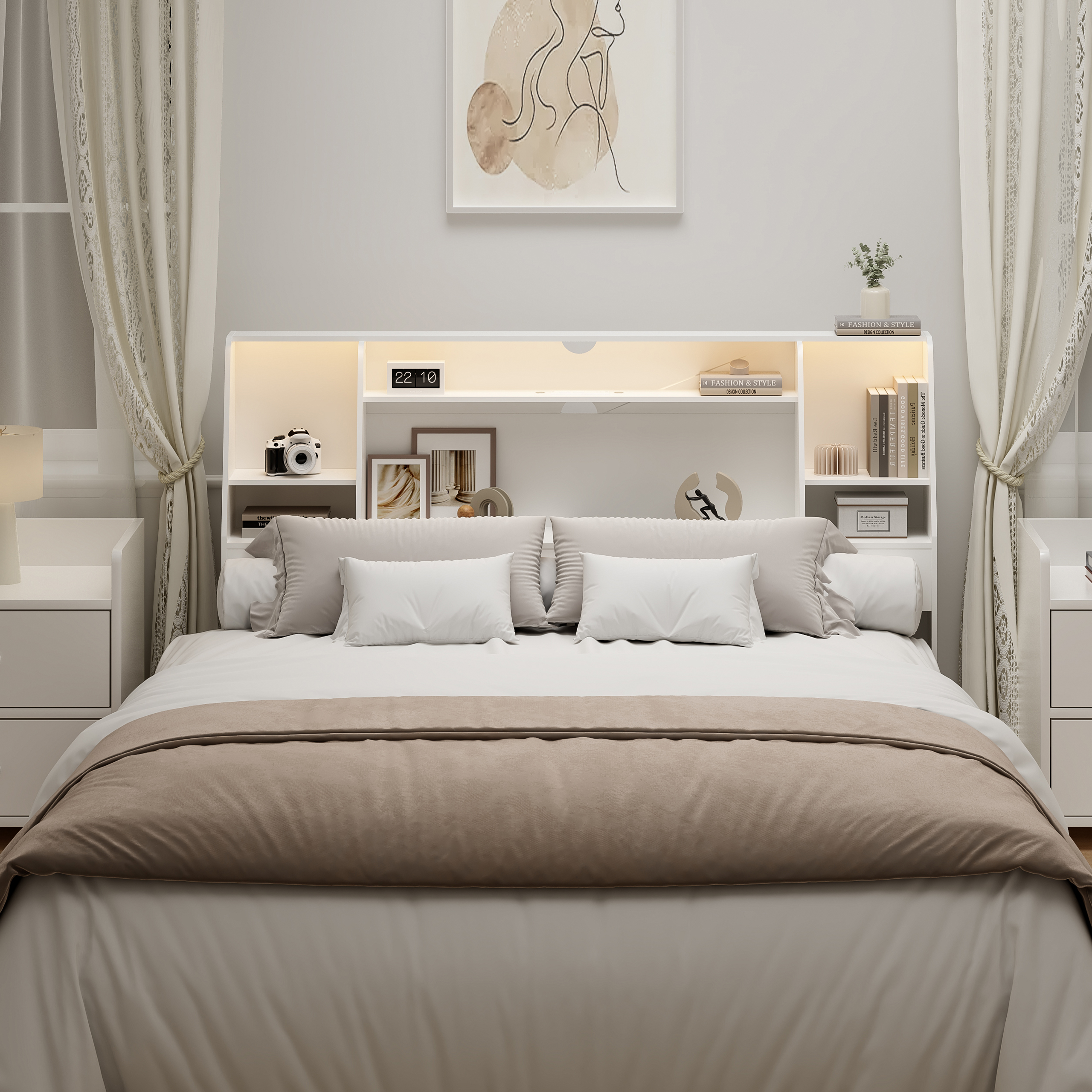 Bookcase Headboard with LED Li - Bookcase Wood Shelf avaliação e preço