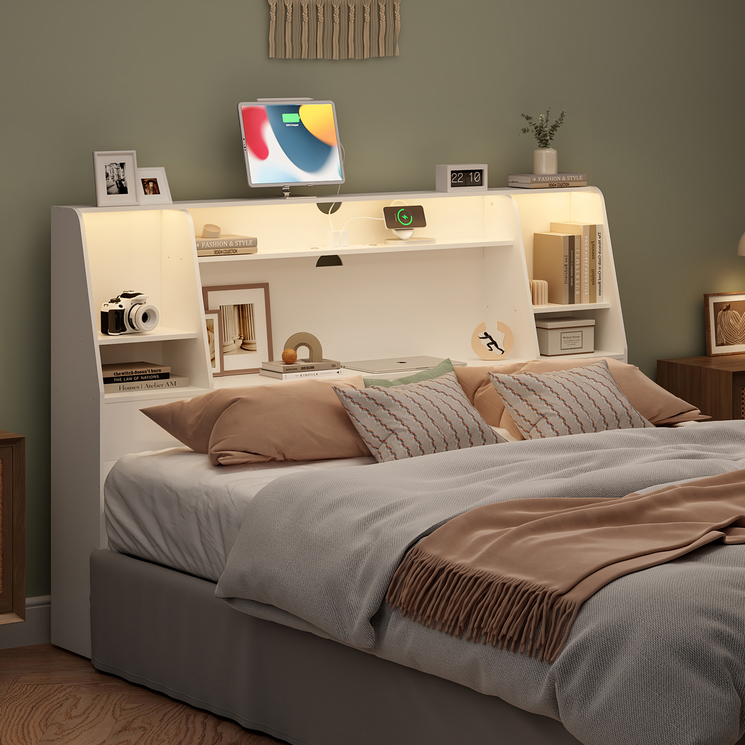 Bookcase Headboard with LED Li - Bookcase Wood Shelf avaliação e preço